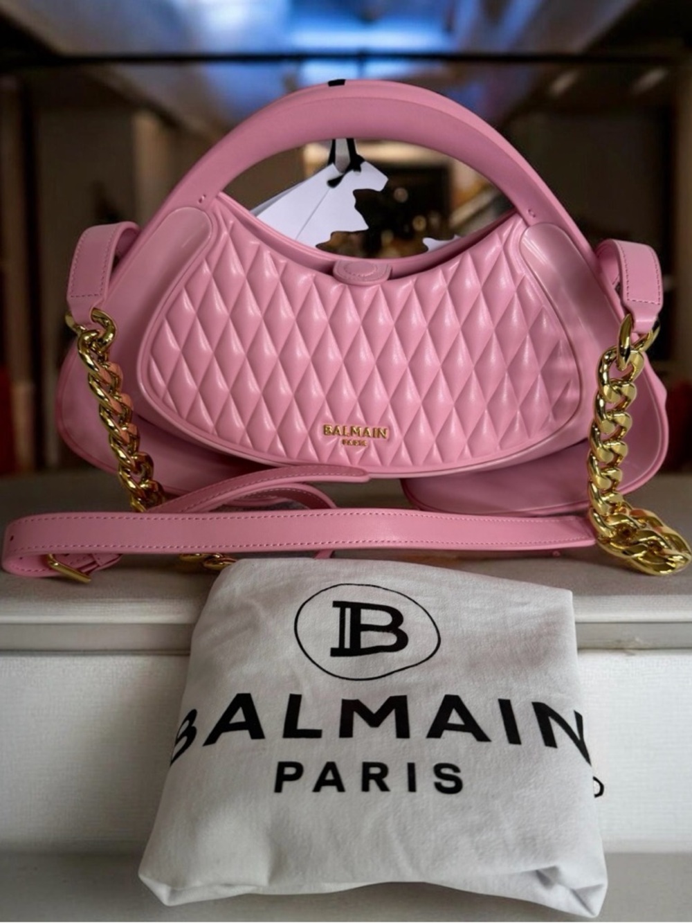 NWT Balmain Pink Quilted Small Jolie Madame Bag/W Chain-Handle Shoulder Bag